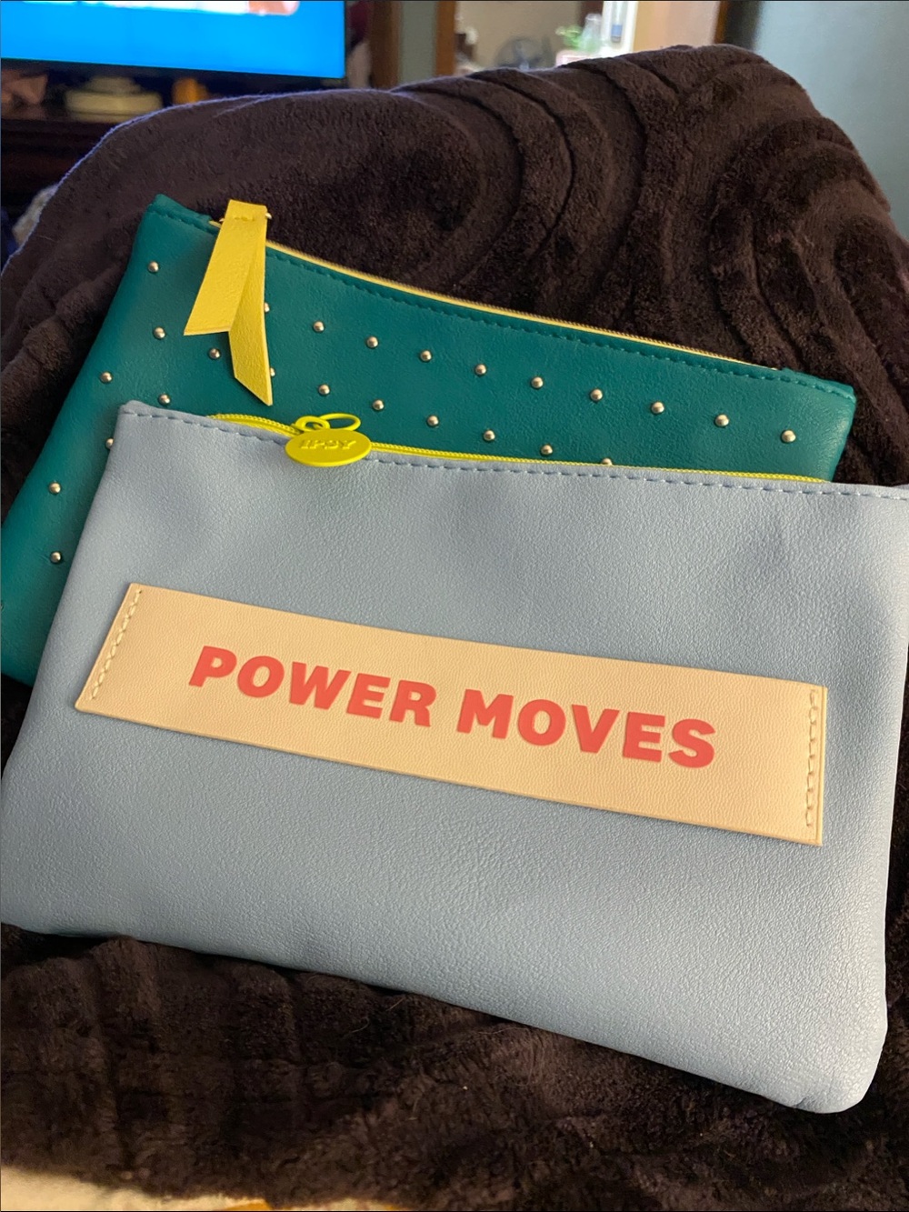 ipsy Light Blue and Teal Cosmetic Pouch Set with Yellow Accents